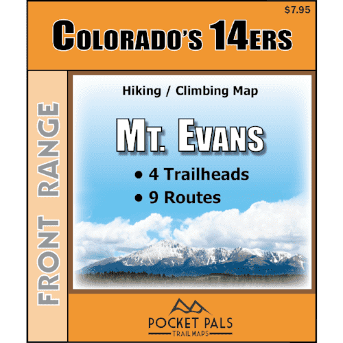 A hiking/climbing map for Mount Evans, one of Colorado's Fourteeners. It is located in the Front Range.